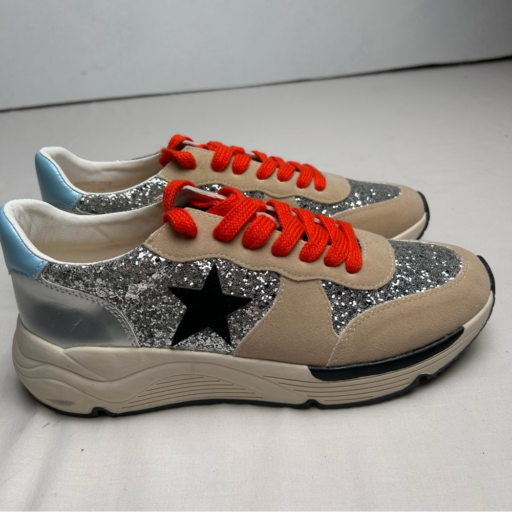 Mi Im Stylish Glitter Sneakers with tan accents and Red laces